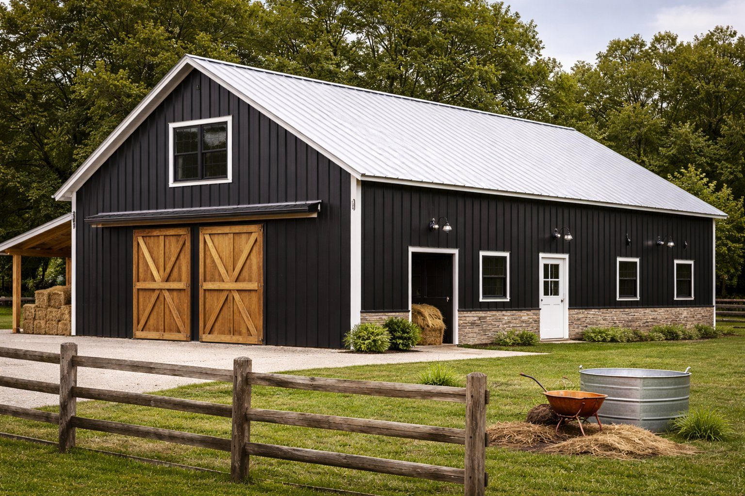Steel-clad barn at dusk