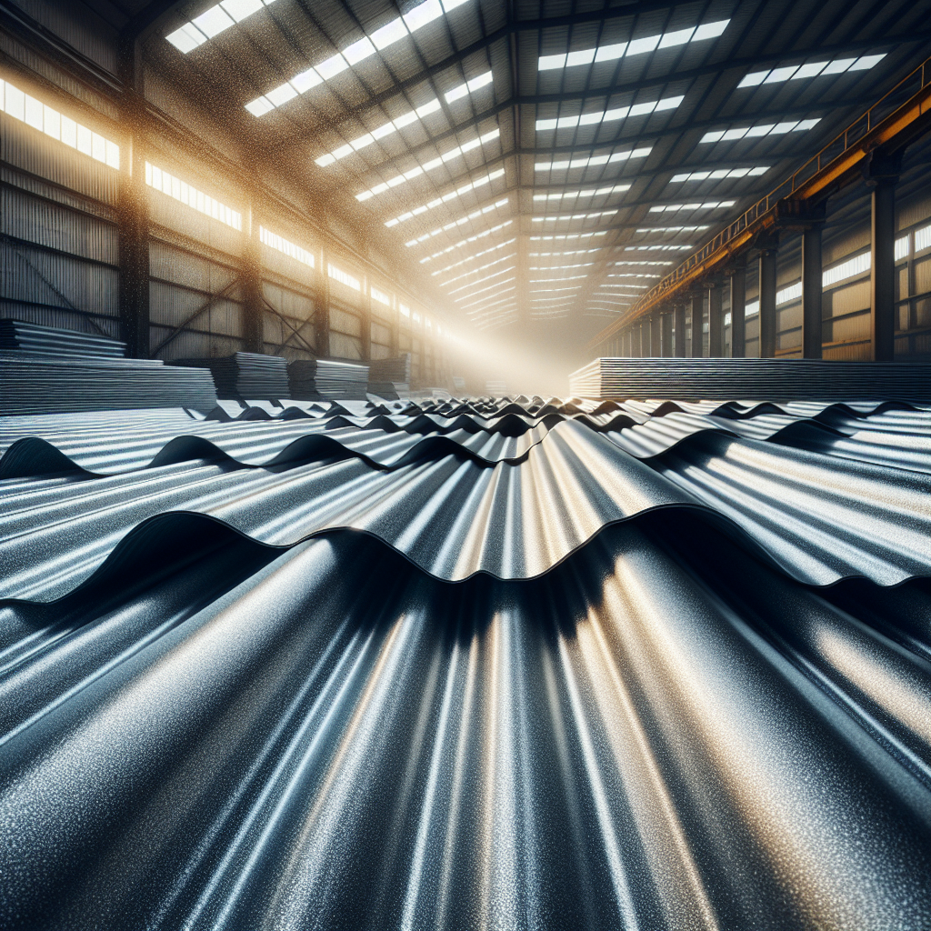  corrugated galvanized steel sheets arranged in a stack, showcasing the zinc-coated ridges and grooves.
