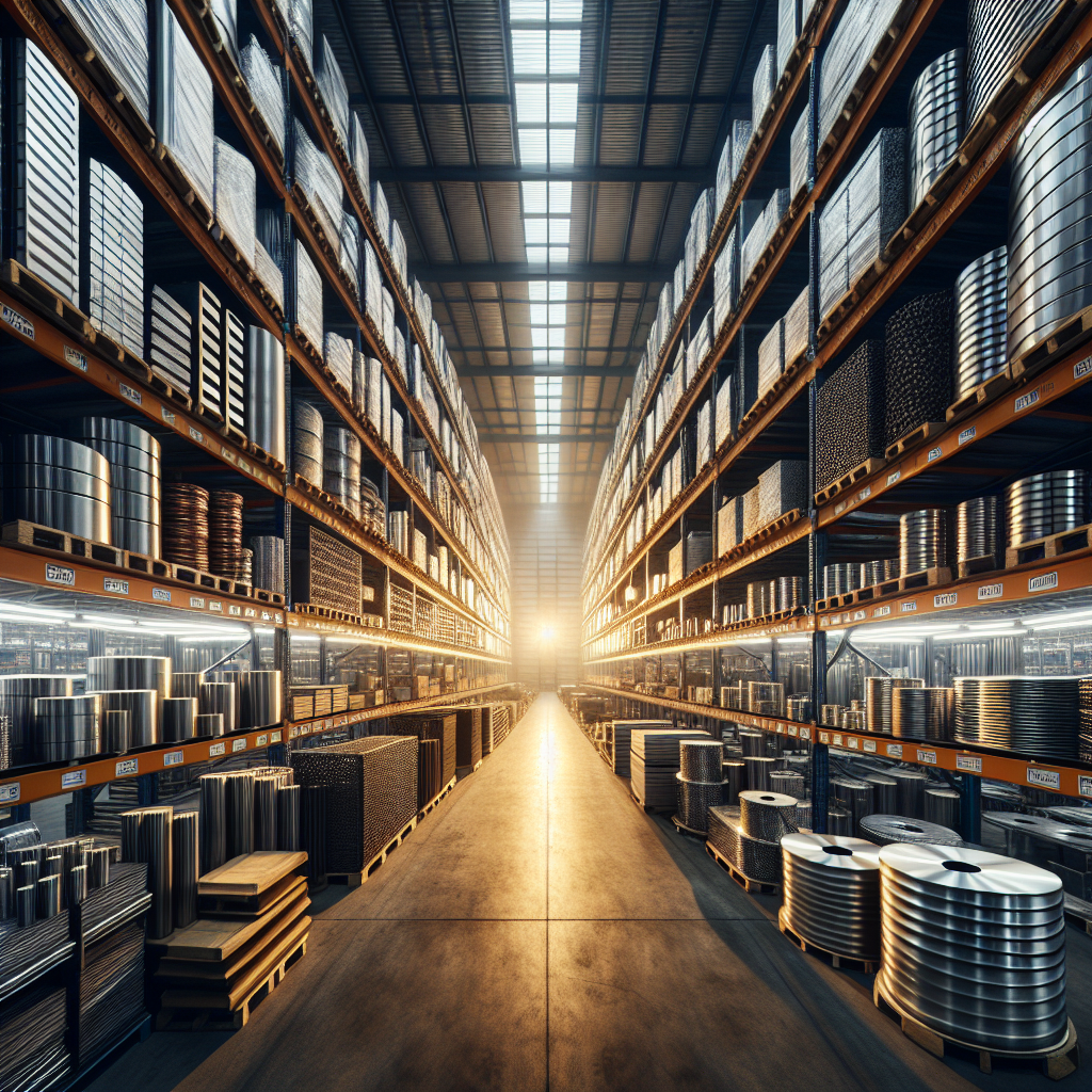  various types of metal products stored in a warehouse, including steel, aluminum, copper, and brass, organized neatly on shelves.

image input capabilities: enabled