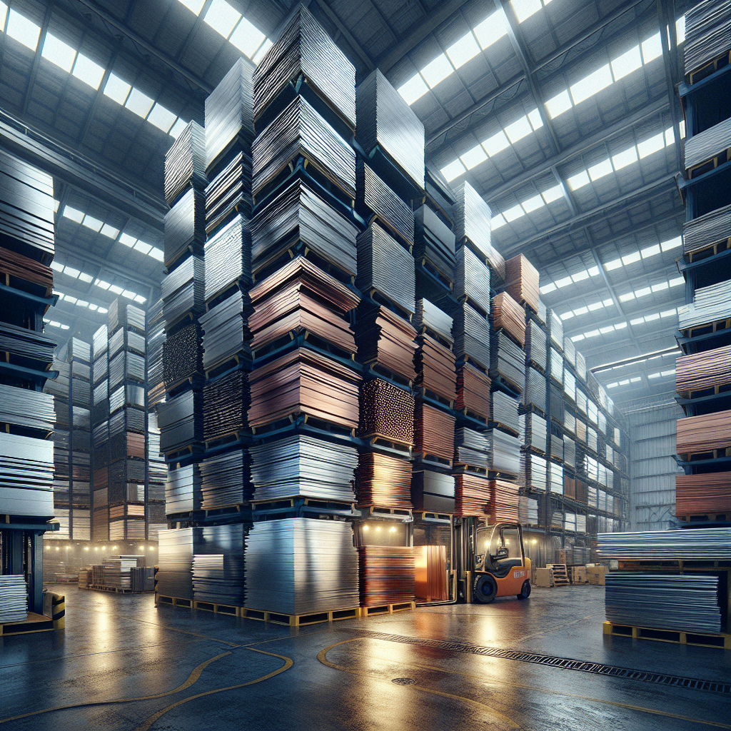  stacks of various sheets of metal arranged neatly in a storage warehouse.
